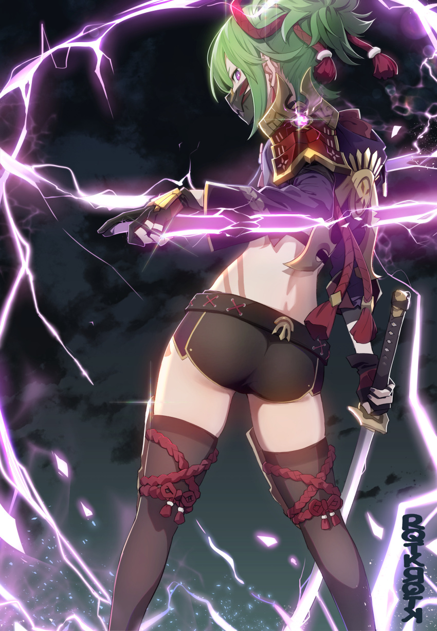 1girl armor ass belt black_shorts body_markings crop_top dagger dual_wielding electricity fingerless_gloves from_behind genshin_impact glint gloves green_hair highres holding holding_dagger holding_katana holding_weapon knife kuki_shinobu leg_armor looking_at_viewer looking_back mask midriff mouth_mask ninja ninja_mask ponytail purple_eyes purple_nails reverse_grip rope rqtkrqtk shimenawa short_ponytail short_shorts shorts shoulder_armor solo tassel thighhighs vision_(genshin_impact) weapon