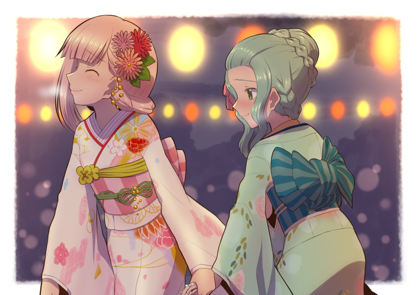 2girls aqua_eyes aqua_hair aqua_kimono bangs bangs_pinned_back blue_sash blunt_bangs blurry blurry_background blush border braid braided_bun closed_eyes cowboy_shot floral_print flower from_side furrowed_brow futaba_sana futaba_sana_(haregi_costume) green_ribbon hair_bun hair_flower hair_ornament hair_ribbon han'eri haregi highres holding_hands japanese_clothes jewelry kanzashi kimono leaf_print long_sleeves looking_at_another magia_record:_mahou_shoujo_madoka_magica_gaiden mahou_shoujo_madoka_magica multiple_girls obi obidome obijime pink_flower pink_hair pink_kimono pink_ribbon pink_sash profile ribbon ring rose sash sidelocks single_sidelock smile striped_sash tamaki_iroha tamaki_iroha_(haregi_costume) touyu_(yuruyuruto) tress_ribbon wavy_hair white_border wide_sleeves