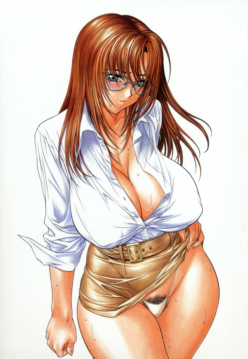 blue_eyes blush breasts brown_hair cleavage collarbone copyright_request covered_nipples cowboy_shot dress_shirt glasses highleg highleg_panties highres inoue_takuya large_breasts panties parted_lips partially_unbuttoned pencil_skirt pubic_hair shirt shirt_tucked_in simple_background skirt skirt_lift sleeves_folded_up solo sweat underwear white_background white_panties