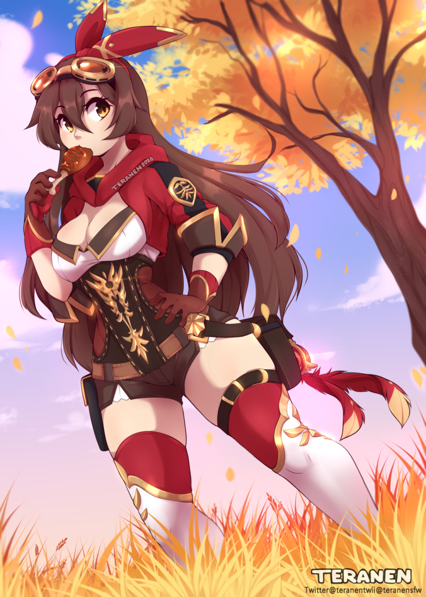 1girl amber_(genshin_impact) artist_name autumn_leaves bangs belt blue_sky blush breasts brown_gloves brown_hair brown_shorts chicken_(food) chicken_leg cleavage cloud commentary cropped_jacket dated day dutch_angle eating english_commentary eyewear_on_head falling_leaves feathers food genshin_impact gloves goggles gradient_sky grass hair_between_eyes hairband hand_on_hip hand_up highres holding holding_food hood hood_down hooded_jacket jacket leaf light_blush long_hair long_sleeves looking_to_the_side meat medium_breasts open_clothes open_jacket open_mouth orange-tinted_eyewear outdoors pouch red_feathers red_hairband red_jacket shiny shiny_hair shirt short_shorts shorts sidelocks signature skindentation sky solo standing teranen thighhighs thighs tinted_eyewear tree twitter_username watermark white_legwear white_shirt yellow-framed_eyewear yellow_eyes