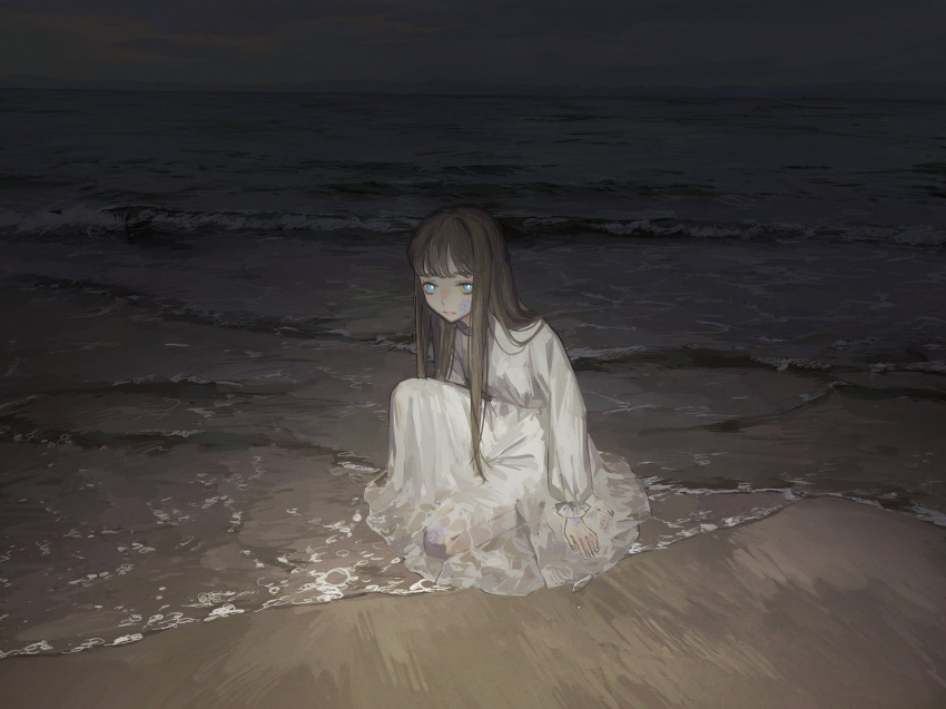 1girl bangs beach blue_eyes blunt_bangs brown_hair dress glowing glowing_eyes highres horizon huion long_sleeves looking_at_viewer nashiko_(nanaju_ko) night ocean one_knee original outdoors scales see-through sky solo straight_hair water wet wet_clothes wet_dress white_dress