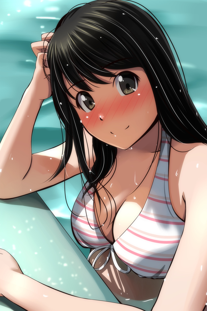 1girl absurdres bangs bare_shoulders bikini black_hair blurry blurry_background blush breasts brown_eyes bursting_breasts closed_mouth commentary_request depth_of_field eyebrows_behind_hair hand_on_hand highres large_breasts long_hair looking_at_viewer matsunaga_kouyou original pool poolside smile solo straight_hair striped striped_bikini striped_swimsuit swimsuit water white_bikini white_swimsuit