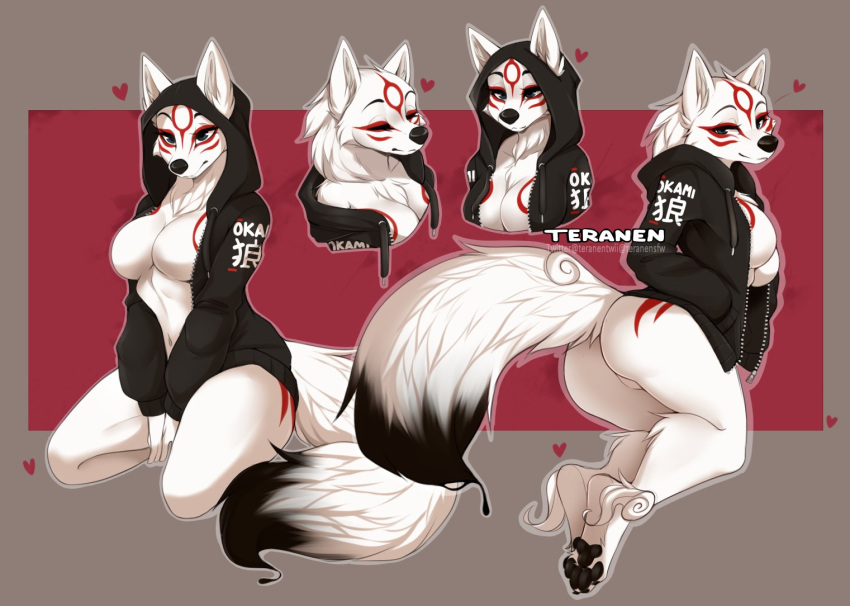 1girl :3 amaterasu_(ookami) animal_ear_fluff animal_ears animal_feet animal_nose artist_name ass barefoot between_legs black_eyes black_jacket body_fur border bottomless breasts brown_border claws closed_eyes closed_mouth clothes_writing collarbone commentary copyright_name cropped_torso drawstring ears_through_headwear english_commentary feet from_behind full_body furry furry_female grey_outline half-closed_eyes hand_between_legs hands_in_pockets happy heart hood hood_down hood_up hooded_jacket jacket kneeling large_breasts leaning_forward long_sleeves looking_at_viewer looking_back multiple_views no_nipples no_pussy no_shirt ookami_(game) open_clothes open_jacket outside_border own_hands_together pawpads personification red_background red_fur simple_background single_bare_shoulder sitting smile snout split_mouth tail teranen twitter_username two-tone_fur unzipped v_arms watermark white_fur wolf_ears wolf_girl wolf_tail zipper zipper_pull_tab