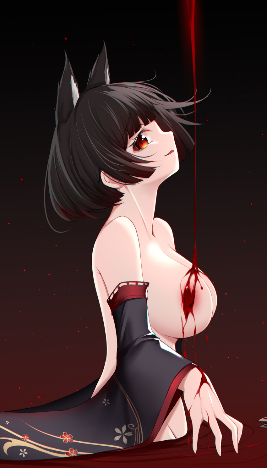 1girl absurdres animal_ears areola_slip azur_lane bangs black_hair blood blunt_bangs bob_cut breasts cat_ears catnnn detached_sleeves dripping floral_print from_side gradient gradient_background groin highres large_breasts light_particles looking_at_viewer nude orange_eyes partially_submerged pool_of_blood profile red_eyes ripples short_hair sideways_glance smirk solo wet yamashiro_(meta)_(azur_lane)