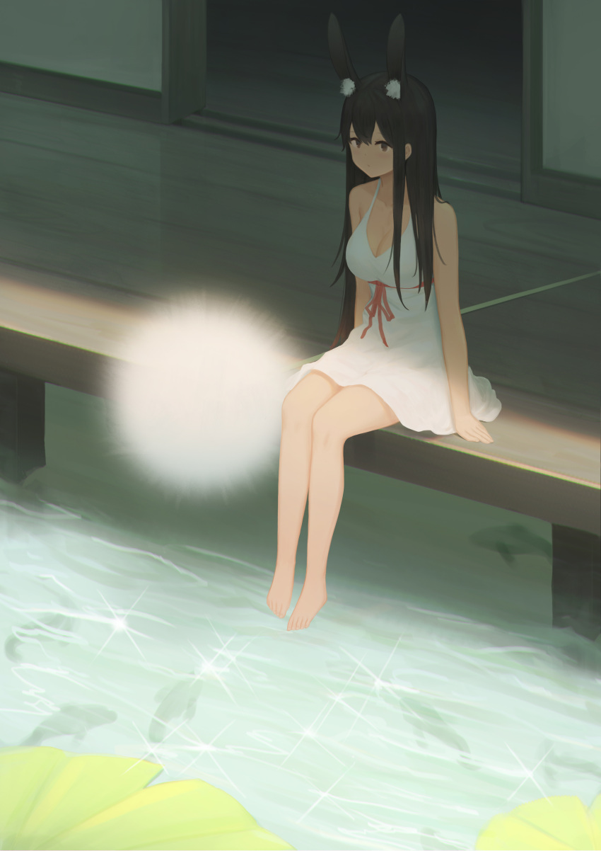 1girl absurdres animal_ear_fluff animal_ears arms_at_sides bangs bare_arms bare_legs bare_shoulders barefoot black_hair breasts chinese_commentary cleavage commentary dandelion day dress fish flower foot_dangle highres large_breasts lily_pad long_hair on_floor open_door original oversized_flowers pond porch rabbit_ears sash scenery shade sitting sleeveless sleeveless_dress solo sparkle sundress veranda water white_dress wooden_floor yao_ren_gui