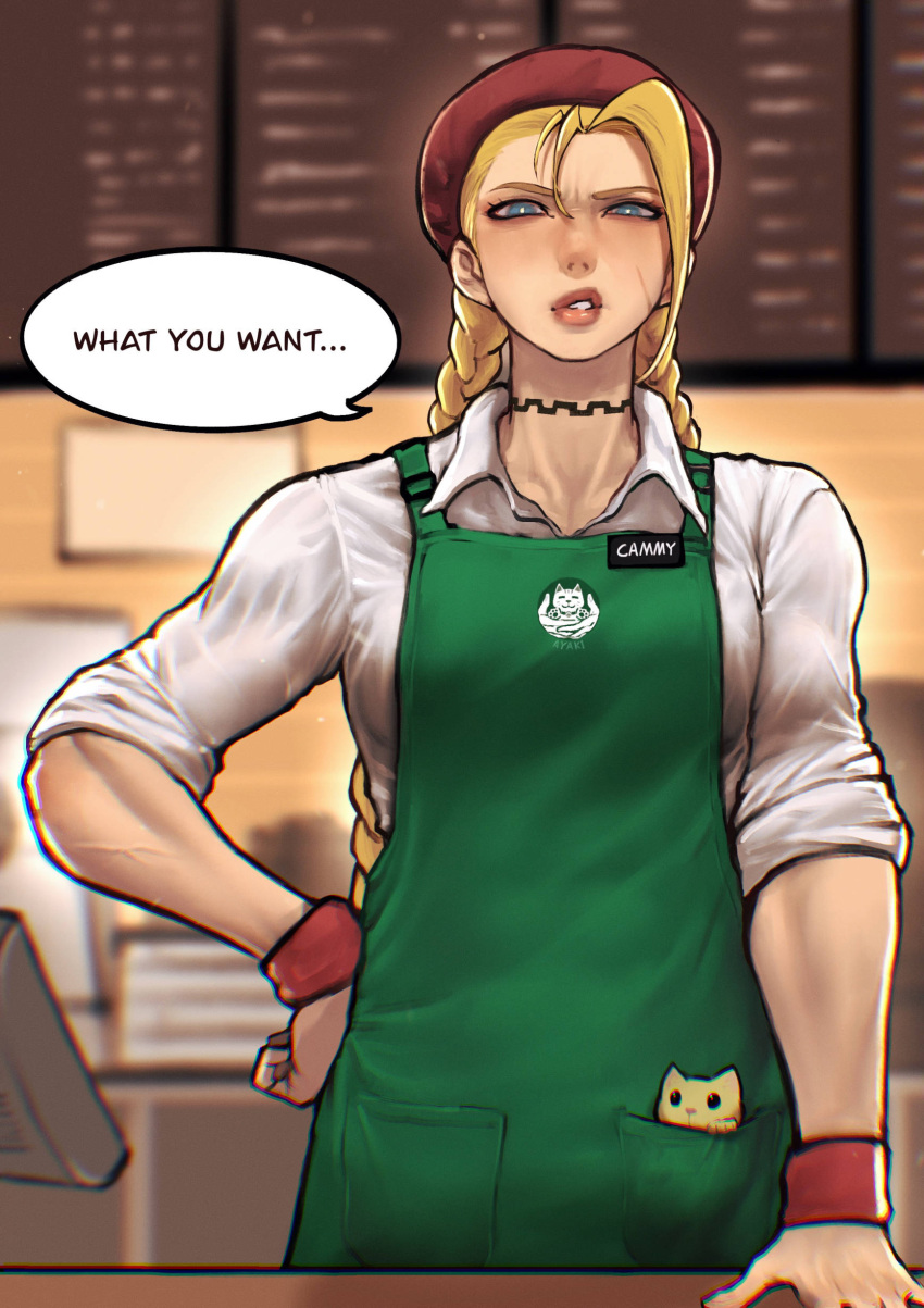 1girl absurdres animal animal_in_clothes antenna_hair apron ayaki_d barista blonde_hair blue_eyes blurry blurry_background braid brand_name_imitation cammy_white cat choker collared_shirt employee_uniform english_commentary english_text female_pov green_apron half-closed_eyes highres kitten long_hair looking_at_viewer pov scar scar_on_cheek scar_on_face scrunchie shirt solo speech_bubble starbucks street_fighter twin_braids uniform veins veiny_arms white_background white_shirt wrist_scrunchie