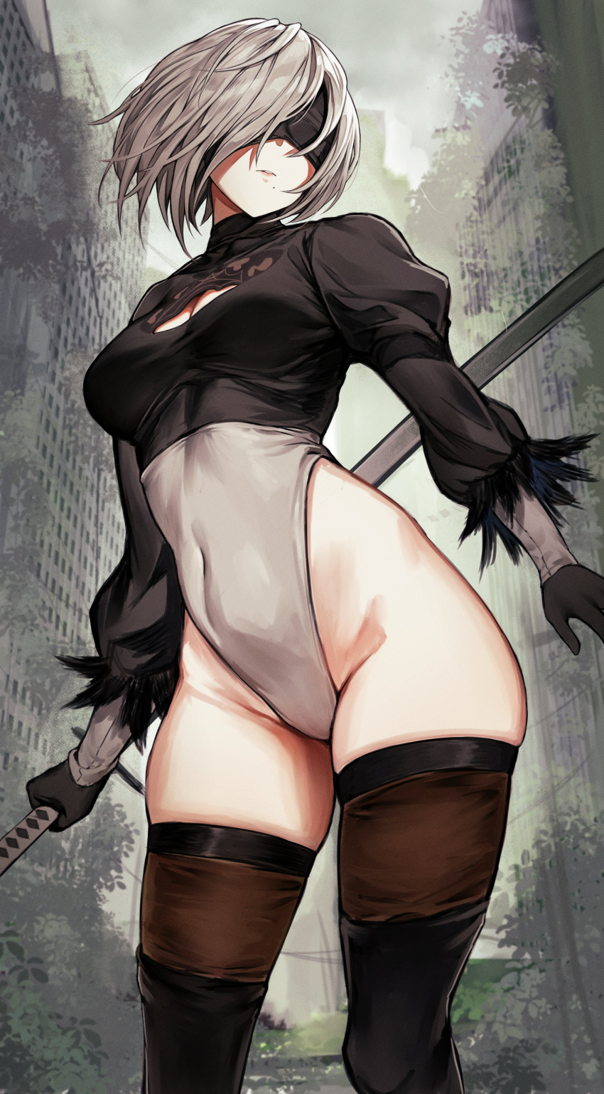 1girl absurdres bangs blindfold breasts cleavage clothing_cutout commentary covered_navel feather_trim grey_hair highleg highleg_leotard highres leotard lips long_sleeves marse_(rokudaime) medium_breasts mole mole_under_mouth nier_(series) nier_automata parted_lips puffy_sleeves shiny shiny_hair short_hair simple_background solo thighs turtleneck yorha_no._2_type_b