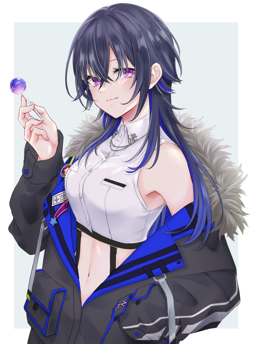 1girl aoyashio_rin bangs black_hair black_jacket blue_hair candy collared_shirt commentary_request crossed_bangs dress_shirt food from_side fur-trimmed_jacket fur_trim garter_straps hair_between_eyes hand_in_pocket hand_up highres holding holding_candy holding_food holding_lollipop ichinose_uruha jacket lollipop long_hair long_sleeves looking_at_viewer lupinus_virtual_games midriff multicolored_hair navel off_shoulder purple_eyes shirt simple_background sleeveless sleeveless_shirt smile solo upper_body virtual_youtuber vspo! white_shirt