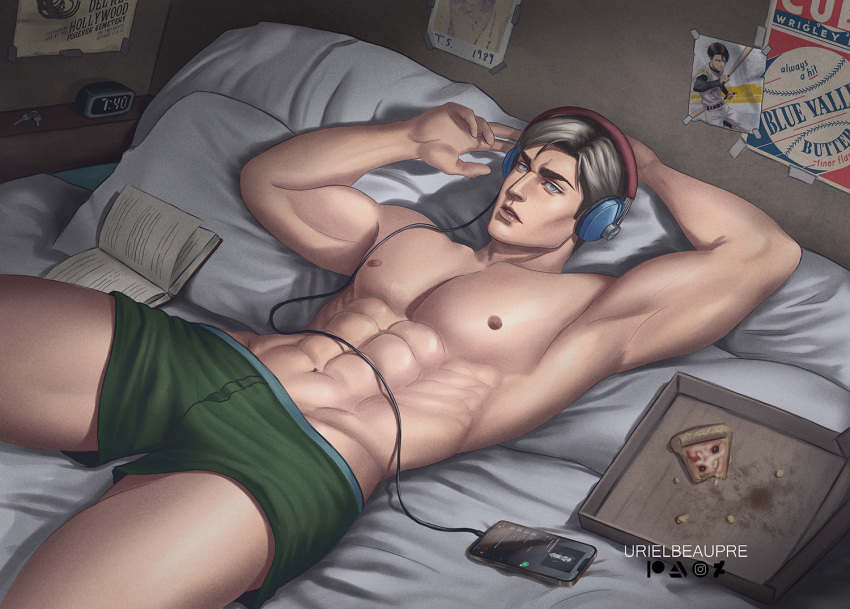 1boy abs artist_name bara bed blonde_hair blue_eyes book boxer_briefs erwin_smith food green_male_underwear headphones large_pectorals levi_(shingeki_no_kyojin) lying male_focus male_underwear muscular muscular_male navel nipples on_back on_bed open_book parted_lips pectorals phone pillow pizza pizza_box shingeki_no_kyojin short_hair solo underwear urielbeaupre15