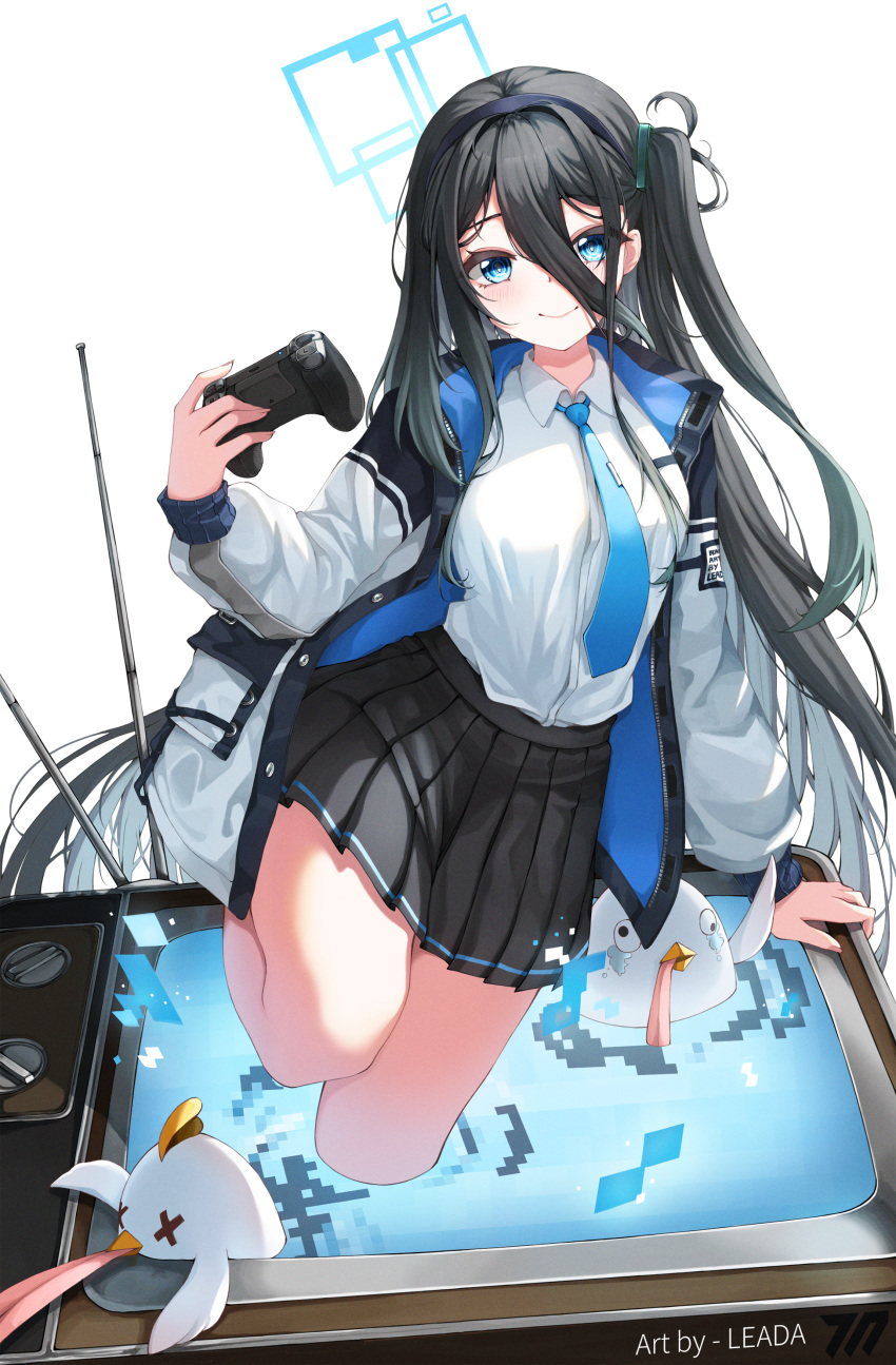 1girl absurdres arisu_(blue_archive) artist_name black_hair black_skirt blue_archive blue_eyes blue_necktie breasts collared_shirt controller crt game_controller hair_between_eyes highres holding holding_controller holding_game_controller jacket leada long_hair long_sleeves looking_at_viewer medium_breasts necktie peroro_(blue_archive) pleated_skirt rabbit_ears_antenna school_uniform shirt side_ponytail simple_background skirt smile solo television very_long_hair white_background white_jacket white_shirt