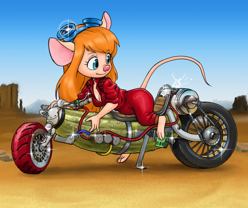 1girl animal_ears animal_nose barefoot bent_over blue_eyes breasts chip_'n_dale_rescue_rangers cleavage desert english_commentary fewer_digits full_body furry furry_female gadget_hackwrench goggles goggles_on_head ground_vehicle highres jumpsuit long_hair looking_back medium_breasts minigirl motor_vehicle motorcycle mouse_ears mouse_tail on_motorcycle orange_hair pickle red_jumpsuit sleeves_pushed_up solo tail tony_kuusisto