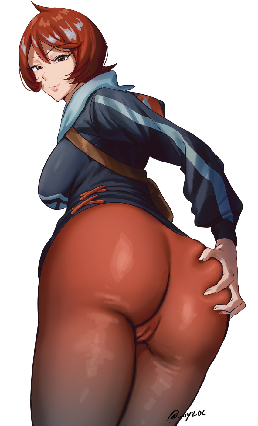 absurdres arezu_(pokemon) ass ass_grab bag breasts cameltoe closed_mouth diamond_clan_outfit grabbing_own_ass gradient gradient_legwear highres hood hooded_sweater large_breasts long_sleeves looking_at_viewer pantyhose pokemon pokemon_(game) pokemon_legends:_arceus red_eyes red_hair red_legwear short_hair shoulder_bag sideboob sleepyhead smile sweater twitter_username white_background