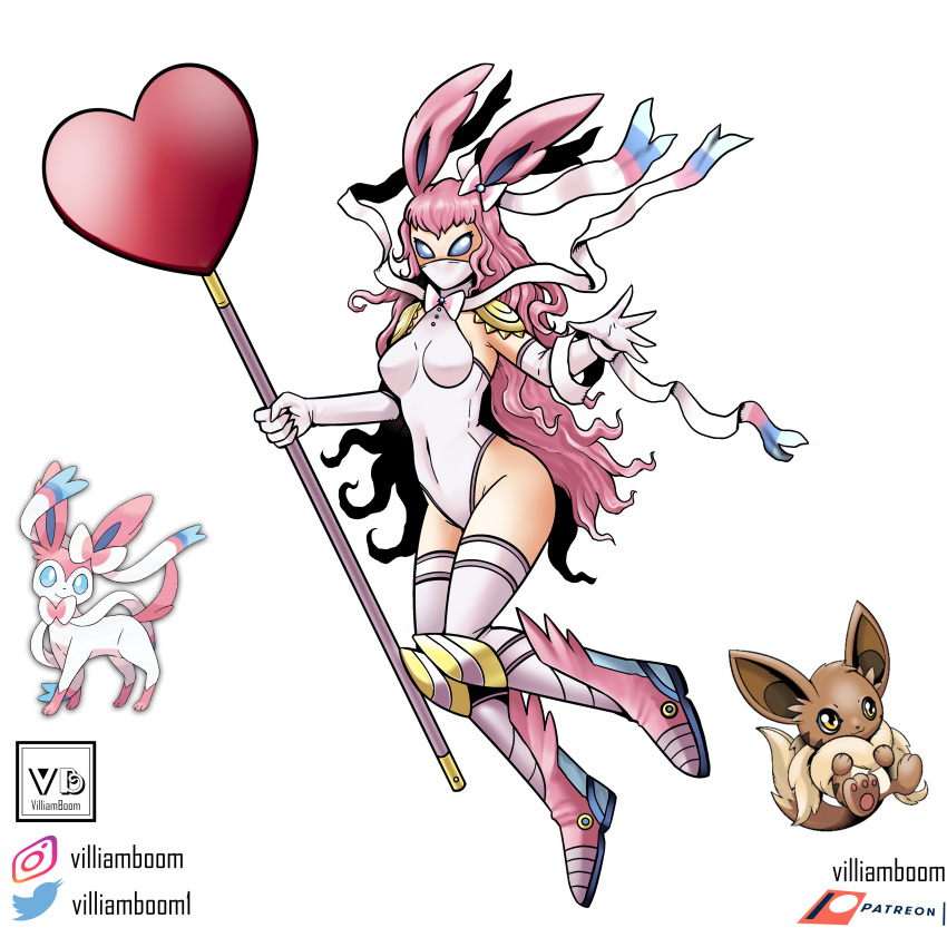 1girl :3 absurdres armored_boots artist_name blue_eyes boots digimon eevee elbow_gloves english_commentary full_body gloves heart highres holding holding_staff leotard long_hair mask mouth_mask ninja_mask parody pink_hair pokemon reference_inset solid_eyes solo staff style_parody sylveon tail thighhighs very_long_hair villiamboom1 white_background yellow_eyes
