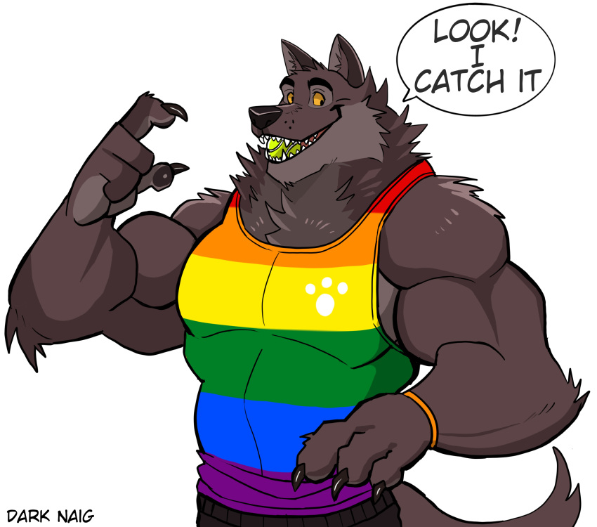 2022 absurd_res anthro artist_name ball ball_in_mouth biceps big_muscles bottomwear bracelet canid canine canis claws clothing darknaigart dialogue english_text eyebrows fur gesture happy hi_res jewelry lgbt_pride male mammal muscular muscular_anthro muscular_male pecs pointing pride_color_clothing pride_color_shirt pride_color_tank_top pride_color_topwear pride_colors rainbow_pride_colors shirt simple_background smile solo standing tank_top teeth tennis_ball text topwear tuft white_background wolf