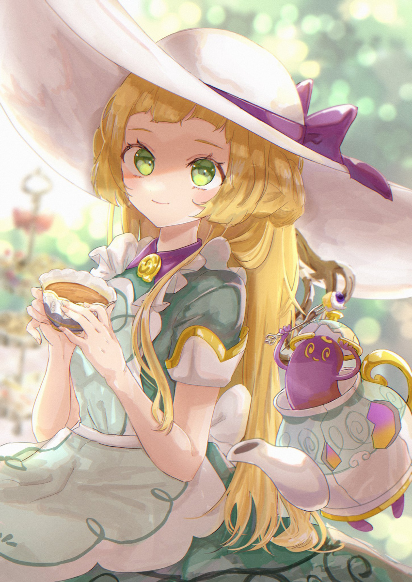 1girl apron bangs blonde_hair blurry bow closed_mouth commentary_request cup dress eyelashes green_dress green_eyes hat hat_bow highres holding holding_cup lillie_(pokemon) long_hair looking_at_viewer mcmcusg official_alternate_costume pokemon pokemon_(creature) pokemon_(game) pokemon_masters_ex polteageist purple_bow short_sleeves smile tea white_headwear