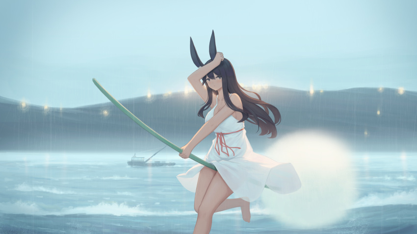 1girl absurdres animal_ears arm_up bangs bare_arms bare_legs bare_shoulders barefoot black_hair boat breasts cleavage dandelion dress feet_out_of_frame floating_hair flower flying highres holding holding_flower large_breasts long_hair looking_at_viewer ocean original outdoors outstretched_arm oversized_flowers rabbit_ears rain sash scenery sideboob sleeveless sleeveless_dress solo spaghetti_strap sundress water watercraft waves white_dress wind yao_ren_gui