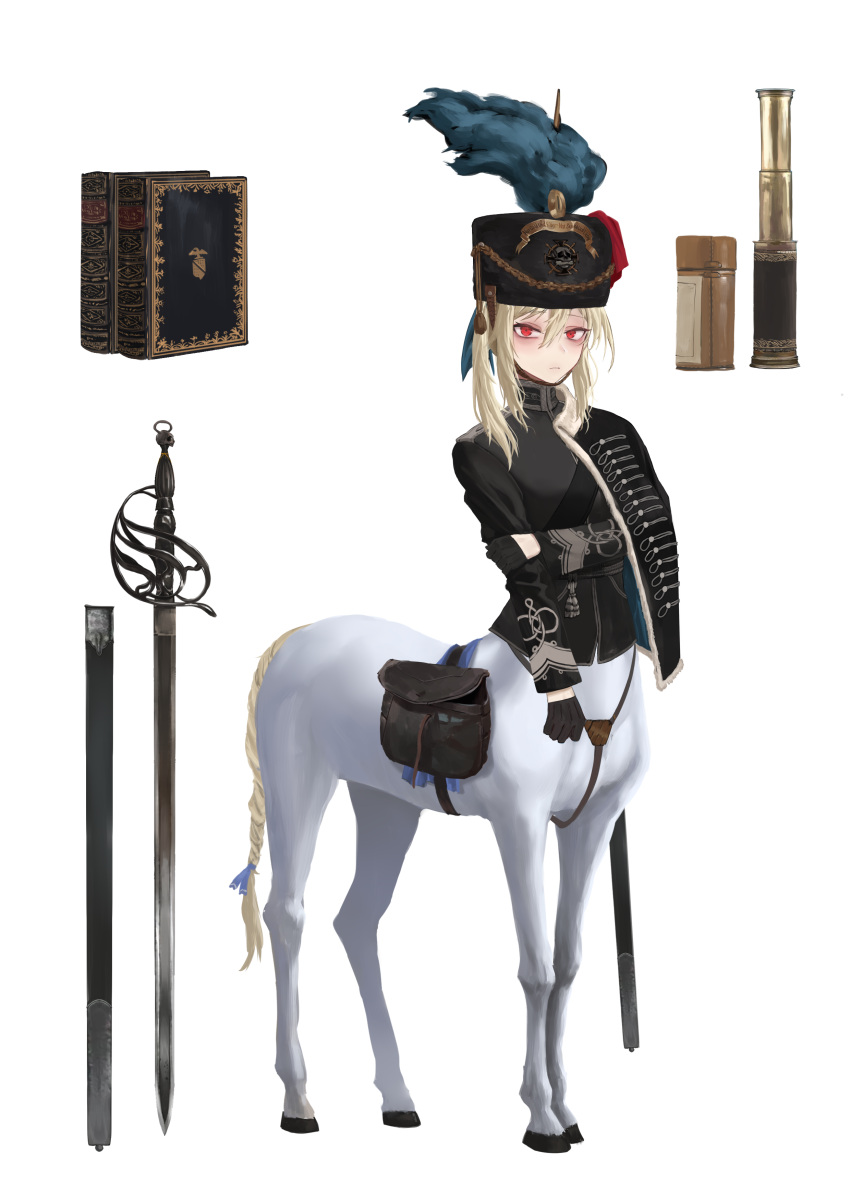 1girl absurdres animal_ears bangs belt_pouch black_cape black_gloves black_headwear black_jacket book braided_tail breasts cape centaur chinese_commentary closed_mouth commentary_request full_body gloves hair_between_eyes half_gloves hat hat_feather highres horse_tail jacket long_hair looking_at_viewer medium_breasts military military_hat military_jacket monster_girl multiple_legs original pouch red_eyes sheath sidelocks simple_background solo standing sword tail taur unsheathed weapon white_background white_hair zhayoulu