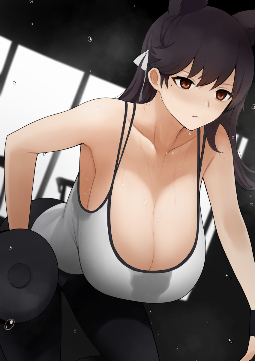 1girl absurdres all_fours amemuchizakuro animal_ears armpits atago_(azur_lane) azur_lane bangs bare_shoulders black_hair breasts cleavage collarbone concentrating flying_sweatdrops hair_ribbon highres huge_breasts indoors looking_ahead orange_eyes ribbon sweat sweaty_clothes tank_top weightlifting weights white_tank_top window wrist_cuffs