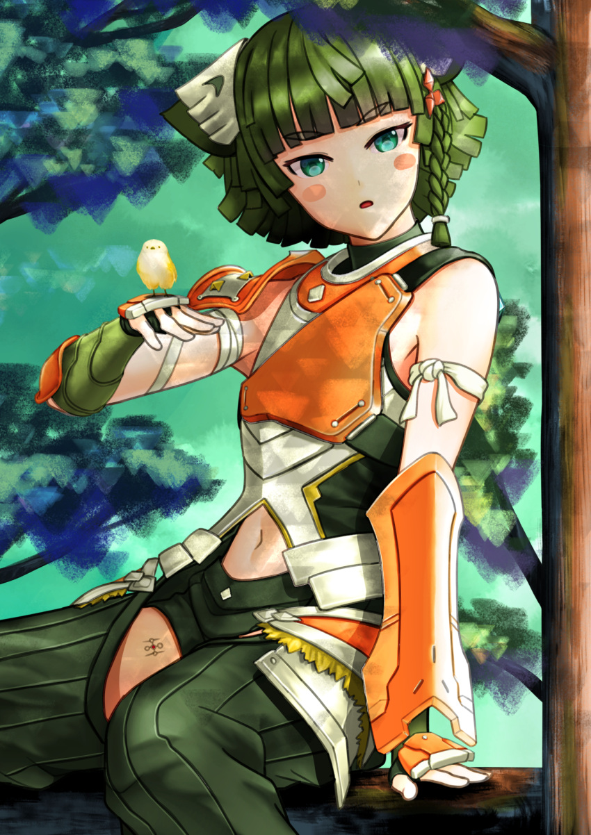 1girl armor blush_stickers braid breastplate clothing_cutout gauntlets green_eyes green_hair haruhahinso highres juniper_(xenoblade) navel_cutout open_mouth orange_armor pale_skin shoulder_armor solo xenoblade_chronicles_(series) xenoblade_chronicles_3