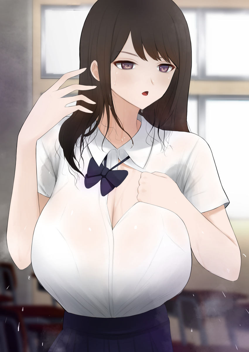 1girl absurdres amemuchizakuro bangs blurry blurry_background bra_visible_through_clothes breasts brown_hair chair classroom cleavage collar collared_shirt desk dripping fanning_self highres huge_breasts indoors looking_away messy_hair open_clothes open_mouth open_shirt original purple_eyes ribbon room school_uniform see-through shirt shirt_tug steam sweat sweating_profusely sweaty_clothes wet wet_clothes wet_shirt white_shirt window