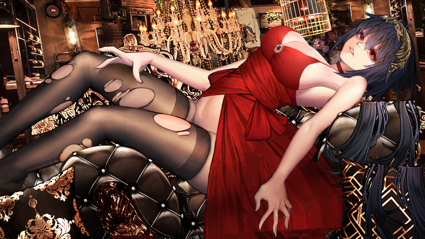 1girl azur_lane birdcage black_hair breasts cage chaise_longue chandelier cleavage cocktail_dress cushion dress gudadan hair_ornament highres indoors lantern large_breasts long_hair lying no_panties official_alternate_costume on_back red_dress red_eyes sash sideboob taihou_(azur_lane) taihou_(forbidden_feast)_(azur_lane) thighs torn_clothes torn_legwear