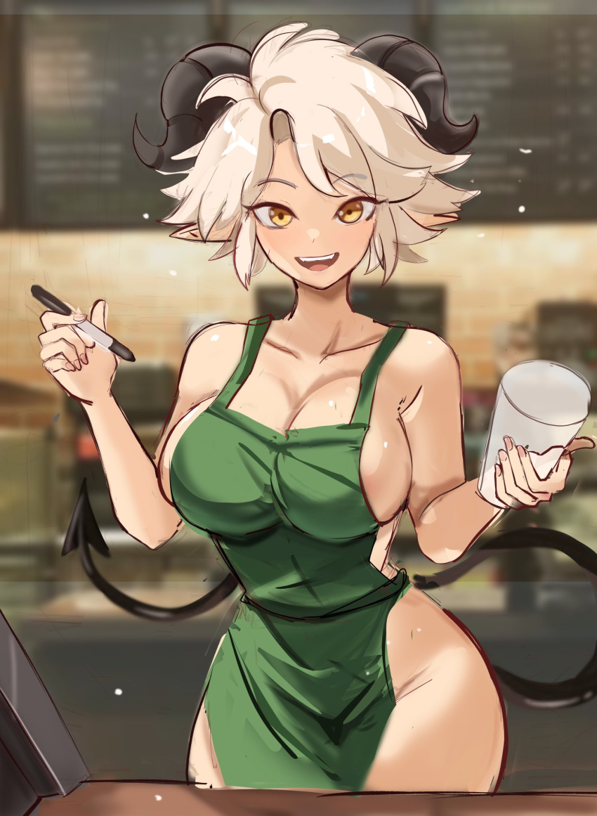 1girl apron barista black_horns black_tail blurry blurry_background breasts cafe cleavage collarbone cowboy_shot cup demon_tail disposable_cup english_commentary fingernails green_apron grey_hair highres holding holding_marker horns iced_latte_with_breast_milk_(meme) large_breasts looking_at_viewer marker meme naked_apron original rakeemspoon short_hair sidelocks smile solo standing starbucks susan_(rakeemspoon) tail teeth upper_teeth yellow_eyes