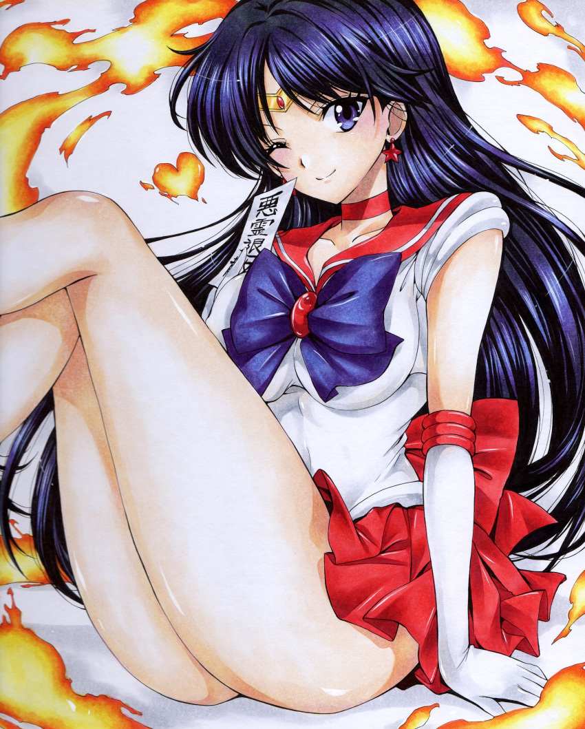 1girl absurdres bishoujo_senshi_sailor_moon black_bow black_hair blue_eyes bow earrings elbow_gloves fire gloves heart highres hino_rei hmdark-9 holding jewelry legs long_hair looking_at_viewer ofuda one_eye_closed sailor_mars school_uniform serafuku smile solo talisman traditional_media translation_request white_gloves