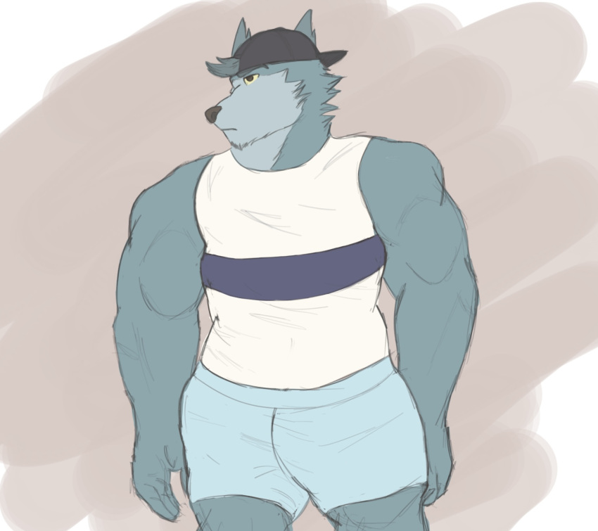 anthro biceps butt canid canine canis clothed clothing hat headgear headwear hi_res jessoji jock male mammal muscular muscular_anthro muscular_male rear_view shirt solo tank_top topwear we_baby_bears wolf wolf_(we_baby_bears)