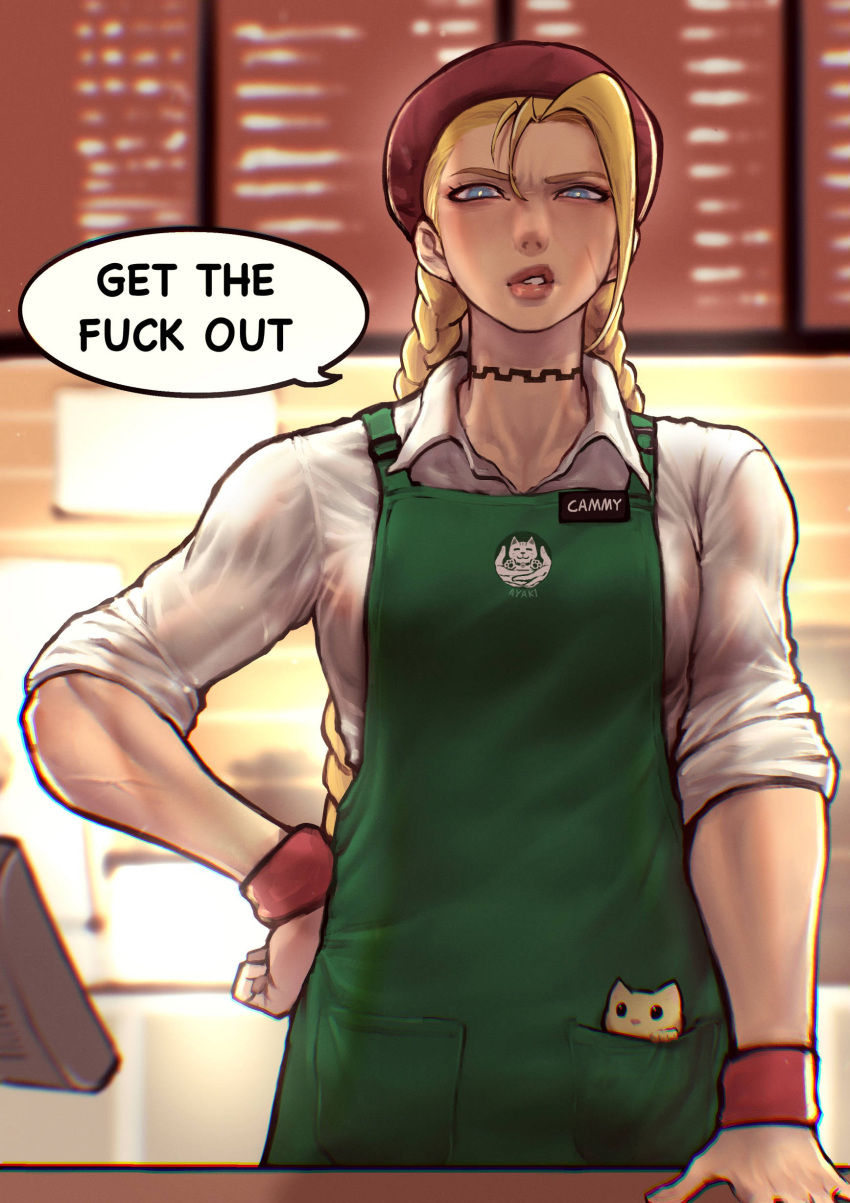 1girl absurdres angry animal animal_in_clothes antenna_hair apron ayaki_d barista blonde_hair blue_eyes blurry blurry_background braid brand_name_imitation cammy_white cat choker collared_shirt employee_uniform english_commentary english_text female_pov green_apron half-closed_eyes highres kitten long_hair looking_at_viewer pov profanity scar scar_on_cheek scar_on_face scrunchie shirt solo speech_bubble starbucks street_fighter twin_braids uniform veins veiny_arms white_background white_shirt wrist_scrunchie