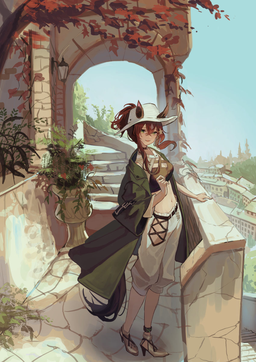 1girl absurdres animal_ears arknights black_collar brown_hair brown_shirt building coat collar cropped_shirt ears_through_headwear full_body green_coat green_eyes hair_ornament hat highres horse_ears horse_girl horse_tail lamp leaf long_hair looking_at_viewer meteor_(arknights) meteor_(bard's_holiday)_(arknights) midriff natsuba002 navel official_alternate_costume open_clothes open_coat outdoors pants plant potted_plant shirt sidelocks solo standing star_(symbol) star_hair_ornament tail white_headwear white_pants window