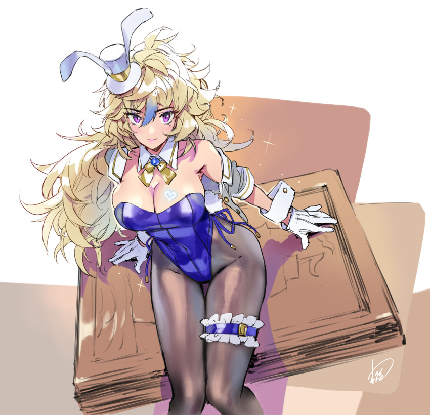 1girl animal_ears bangs bare_shoulders blonde_hair blue_leotard breasts bridal_garter brooch cleavage commentary_request detached_collar fake_animal_ears feet_out_of_frame gloves grey_legwear groin hair_between_eyes hat highres jacket jewelry large_breasts leotard long_hair looking_at_viewer matsuda_(matsukichi) mini_hat mini_top_hat mole mole_under_eye off_shoulder original pantyhose playboy_bunny purple_eyes rabbit_ears short_sleeves simple_background sitting smile solo strapless strapless_leotard thighs top_hat very_long_hair white_background white_gloves white_headwear white_jacket