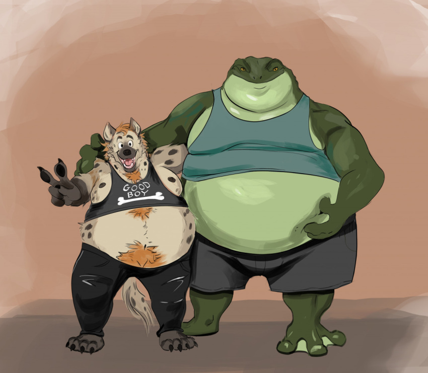 amphibian anthro arm_around_shoulders belly big_belly bone claws clothed clothing duo english_text featherhead frog fur gesture green_body green_skin hand_on_shoulder hand_on_stomach hyaenid male mammal membrane_(anatomy) moobs navel nipples obese obese_anthro obese_male open_mouth open_smile overweight overweight_anthro overweight_male smile solo spots spotted_body spotted_fur spotted_hyena standing tan_body tan_fur teeth text toad_(frog) toe_claws tongue v_sign webbed_feet