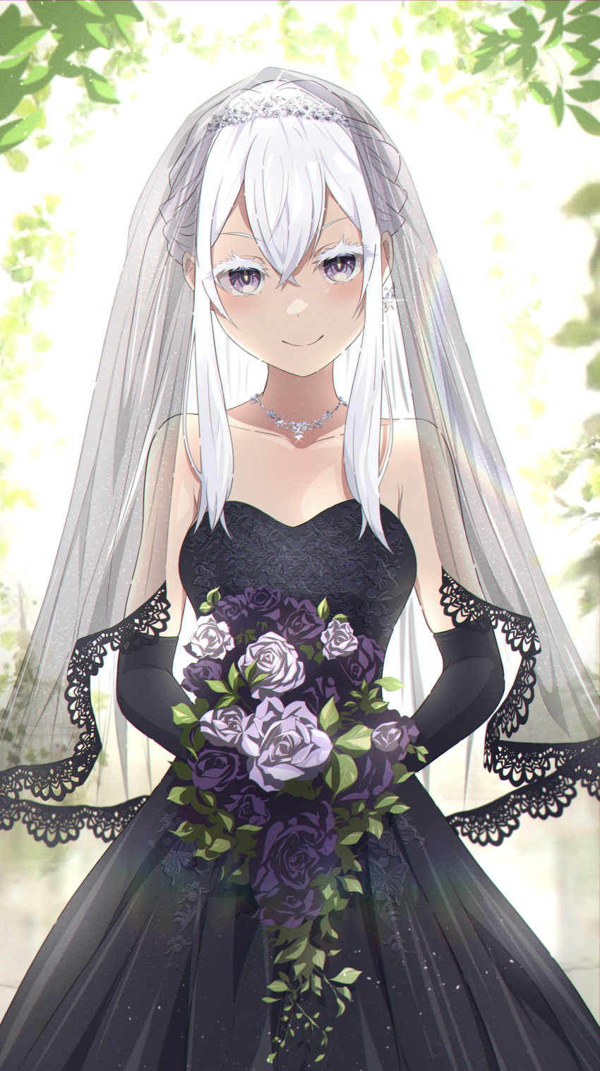 1girl absurdres bangs bare_shoulders black_dress black_gloves black_veil bouquet butterfly_earrings camui1104 collarbone colored_eyelashes commentary cowboy_shot crossed_bangs dress earrings echidna_(re:zero) elbow_gloves facing_viewer flower gloves grey_eyes highres holding holding_bouquet jewelry looking_at_viewer necklace purple_flower re:zero_kara_hajimeru_isekai_seikatsu rose smile solo tiara wedding_dress white_hair