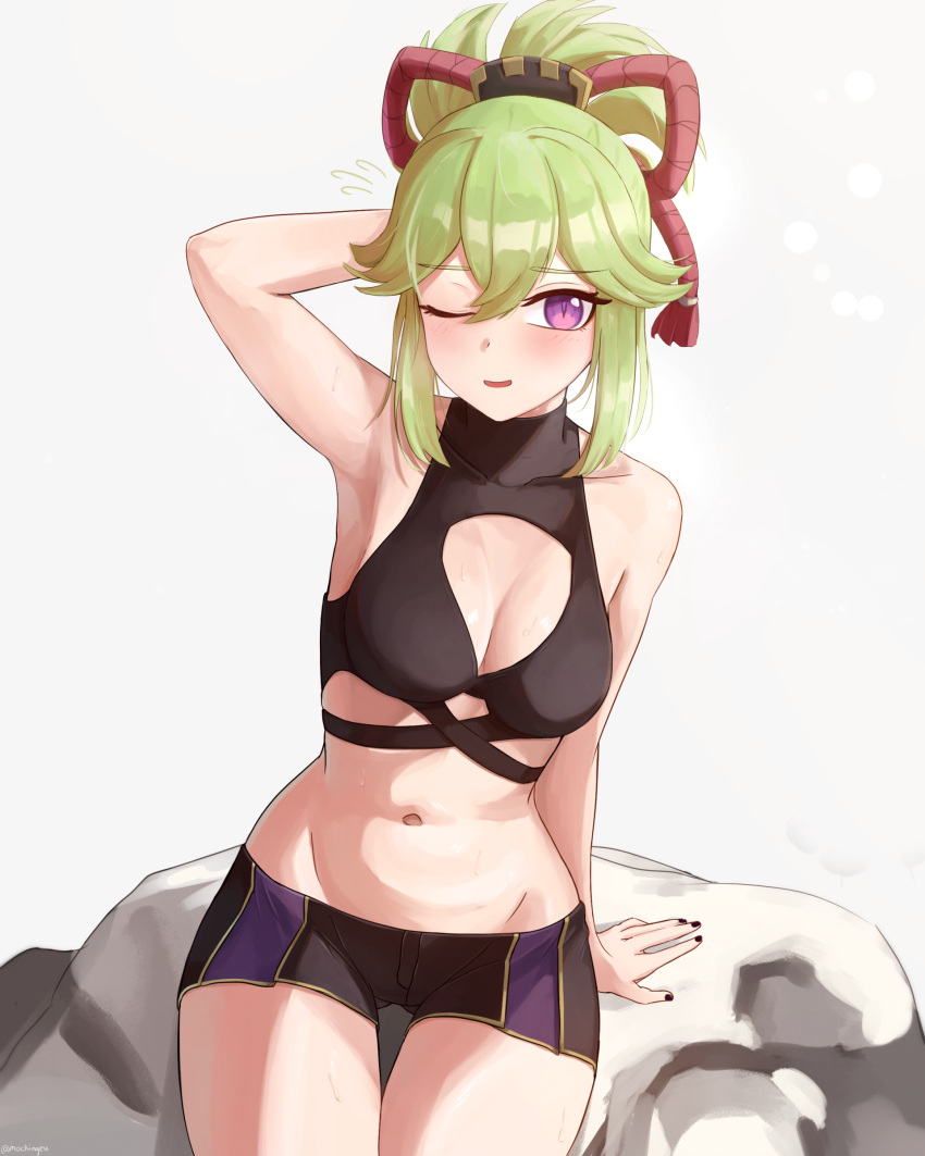 1girl absurdres aether_(genshin_impact) arm_behind_head arm_up armpits bangs bikini_shorts black_nails blush breasts cleavage genshin_impact green_hair hair_between_eyes hair_ornament highres kuki_shinobu leaning_back medium_breasts mockingeu navel one_eye_closed parted_lips purple_eyes rock rope shimenawa short_ponytail shorts shy sidelocks simple_background solo stomach thigh_gap thighs wet white_background