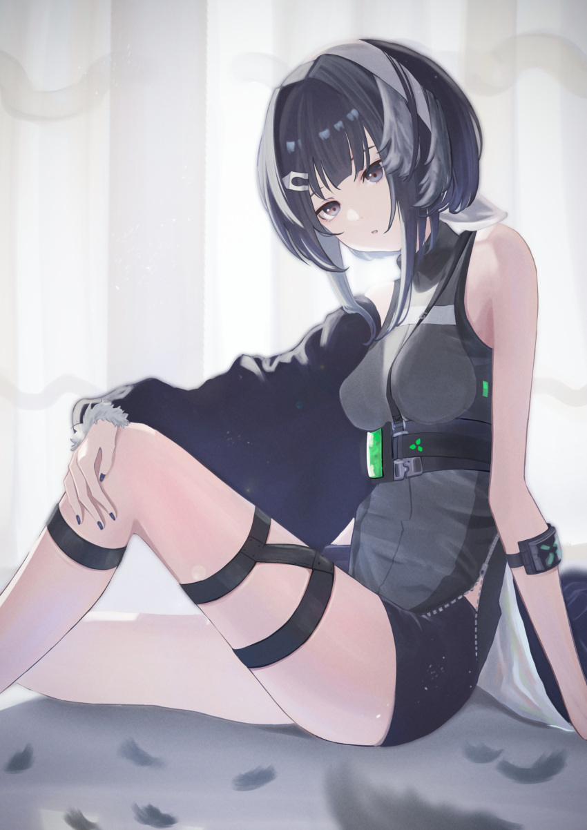 1girl absurdres aoi_tooru arknights bangs bare_shoulders black_hair breasts commentary_request curtains feet_out_of_frame grey_eyes grey_shirt hairband highres indoors la_pluma_(arknights) looking_at_viewer medium_breasts parted_lips shirt short_hair sitting sleeveless sleeveless_shirt solo thigh_strap thighs white_hairband