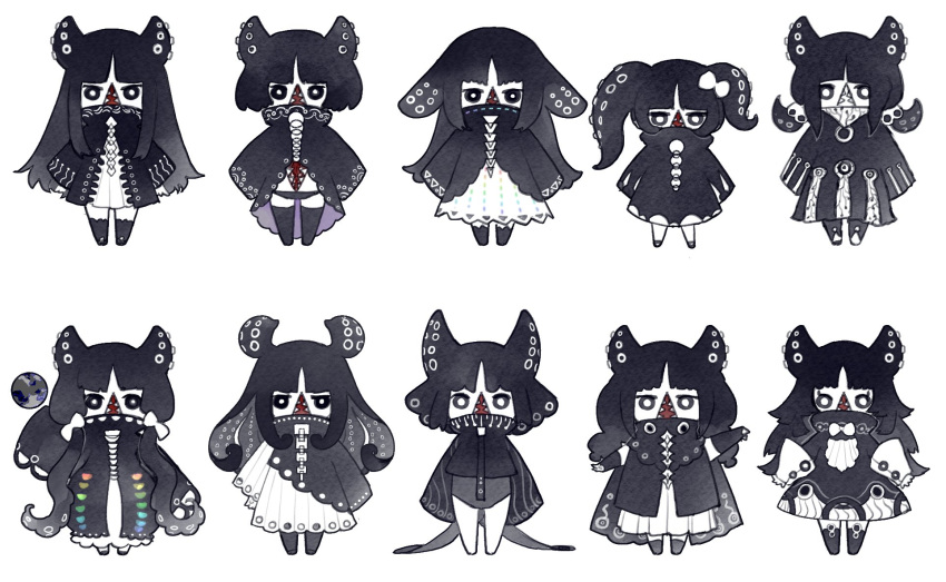 1girl arm_up asymmetrical_clothes bare_legs black_coat black_dress black_hair black_jacket black_legwear black_leotard black_panties bob_cut bow bubble_skirt chibi coat colored_skin cthulhu_mythos detached_sleeves dress extra_mouth full_body hair_bow hair_ornament haiyahaiyohai high_collar highres jacket kneehighs leotard long_hair long_sleeves looking_at_viewer low_twintails monster_girl multiple_views open_mouth outstretched_arms panties pantyhose rainbow_order sharp_teeth short_hair shub-niggurath sideways_mouth simple_background skirt skull_hair_ornament sleeves_past_fingers sleeves_past_wrists standing teeth tentacle_hair thighhighs train_(clothing) turtleneck twintails underwear uneven_twintails variations very_long_hair white_background white_bow white_dress white_skin wide_sleeves zettai_ryouiki