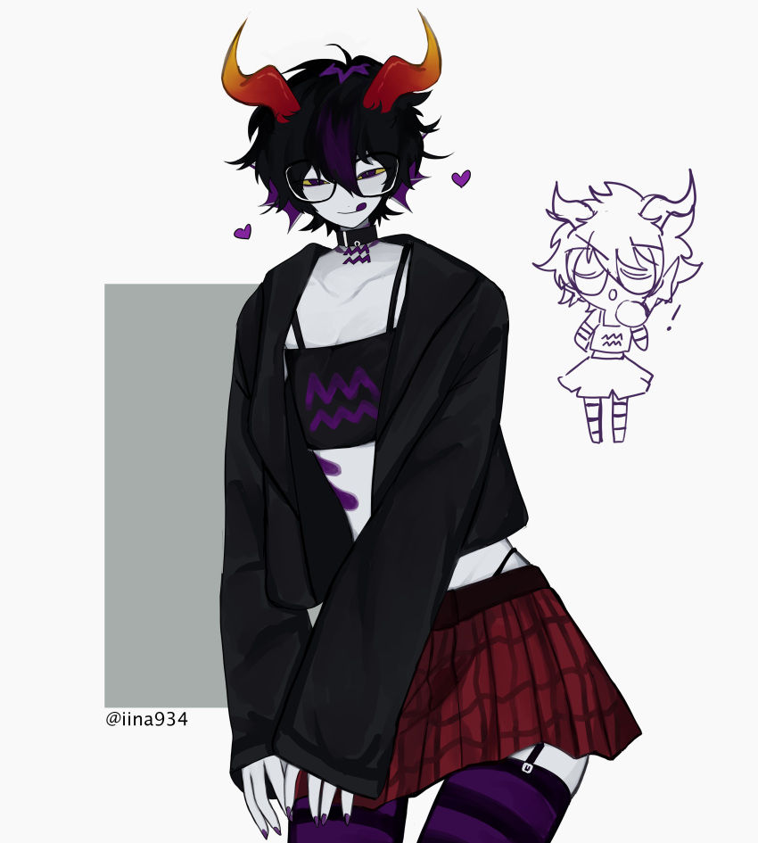 1boy absurdres alien black_coat black_hair chibi chibi_inset coat collar colored_sclera colored_skin colored_tongue crossdressing eridan_ampora gills glasses grey_skin head_fins heart highres homestuck horns iina934 miniskirt multicolored_hair otoko_no_ko pose purple_eyes red_skirt short_hair simple_background skirt smile strap striped striped_legwear tongue tongue_out troll_(homestuck) twitter_username two-tone_hair white_background yellow_sclera