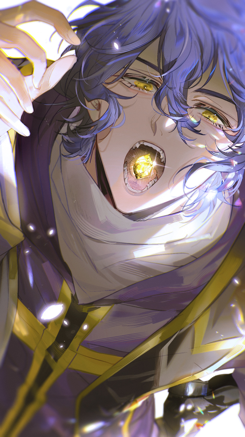 1boy bangs black_footwear blue_hair blurry crystal depth_of_field eyelashes from_above glint glowing_petals half-closed_eyes hands_up highres huolou kneeling light_particles long_sleeves looking_at_viewer looking_up male_focus open_mouth petals purple_hair purple_robe robe saibou_shinkyoku short_hair simple_background solo sparkle stole teeth tongue turtleneck utsugi_noriyuki wavy_hair white_background yellow_eyes yellow_gemstone