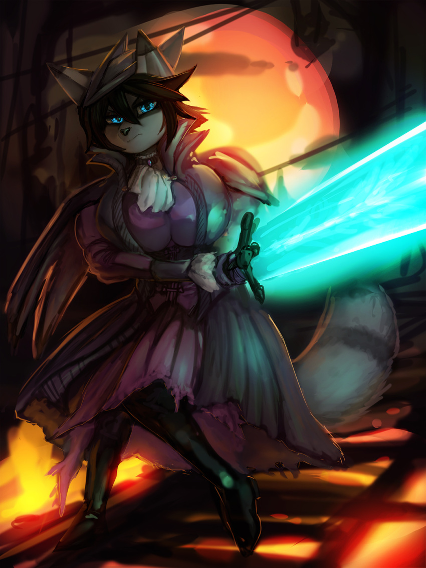 anthro ayame_amaya_tanooki big_breasts bloodborne blue_eyes breasts brown_hair canid canine clothing digital_media_(artwork) dress female fromsoftware fur general-irrelevant grey_body grey_fur hair hat headgear headwear hi_res holding_object holding_sword holding_weapon mammal melee_weapon raccoon_dog solo sony_corporation sony_interactive_entertainment standing sword tanuki video_games weapon