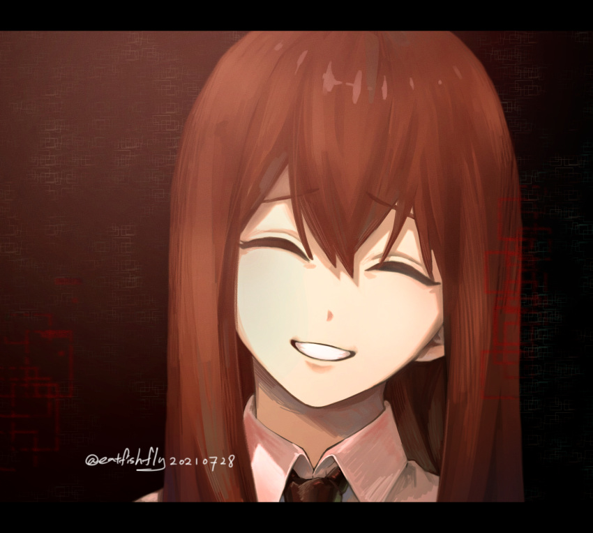 1girl ^_^ bangs brown_hair closed_eyes collared_shirt commentary_request dated eatfishfly face facing_viewer grin hair_between_eyes highres letterboxed long_hair makise_kurisu necktie portrait shirt smile solo steins;gate straight_hair teeth twitter_username white_shirt