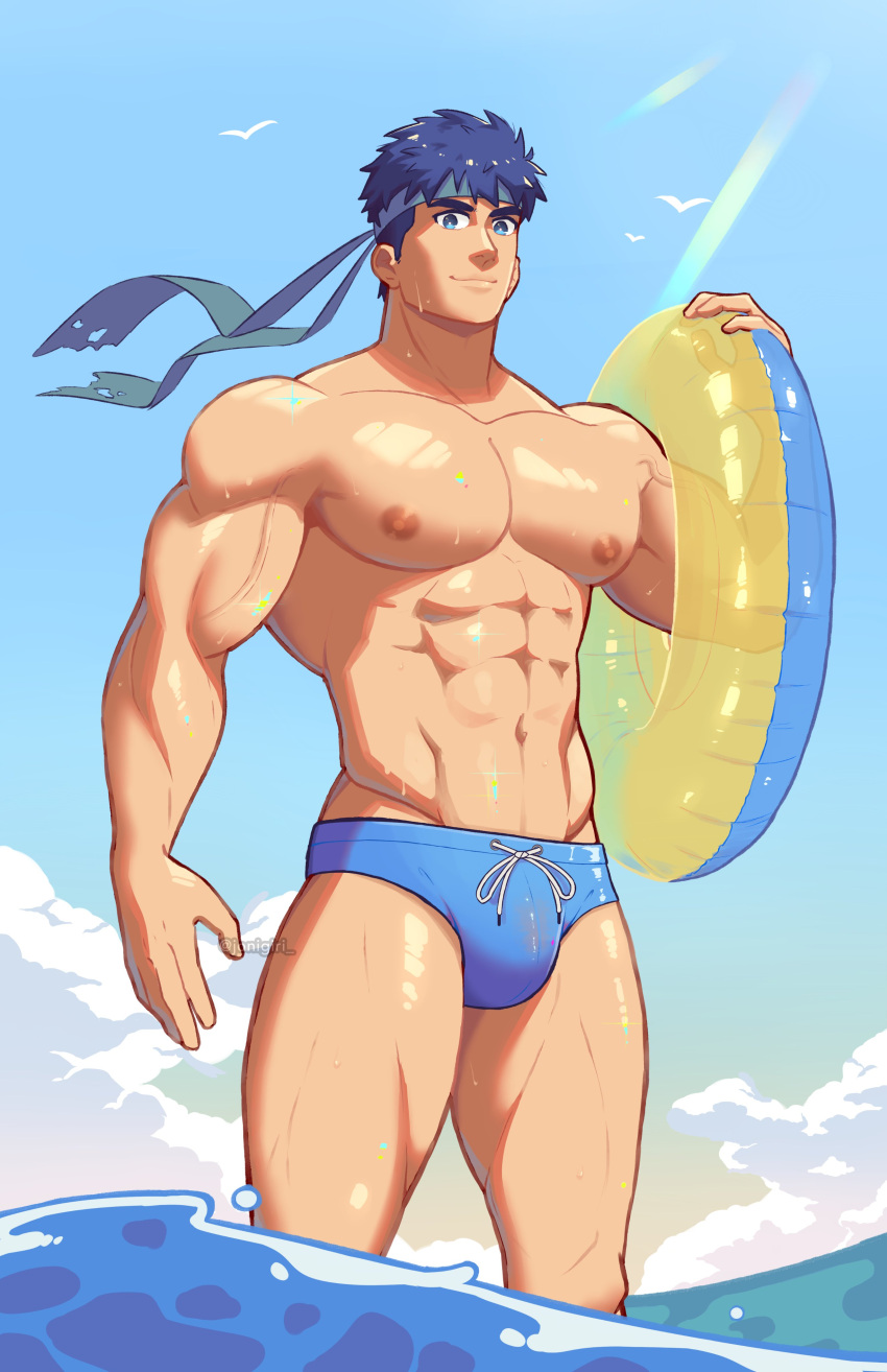 1boy abs absurdres bara blue_hair blue_male_swimwear closed_mouth cloud day fire_emblem fire_emblem:_path_of_radiance fire_emblem:_radiant_dawn highres holding holding_innertube ike_(fire_emblem) innertube large_pectorals looking_at_viewer male_focus male_swimwear milkiato muscular muscular_male navel nipples outdoors pectorals short_hair sky smile solo swim_briefs thighs