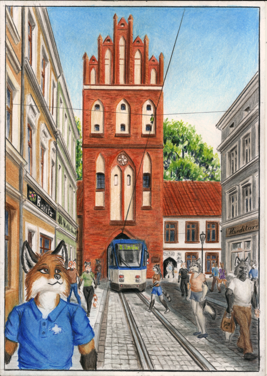 anthro building canid canine canis city female fox gate gothic_architecture group hi_res looking_away male mammal outside procyonid public_transportation raccoon rail_transit standing syntech traditional_media_(artwork) tram urban_rail_transit vehicle walking wolf