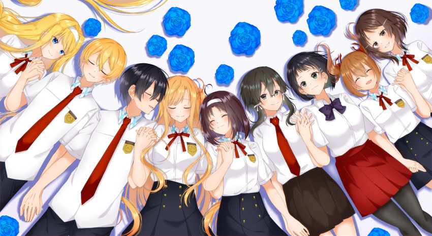 2boys 6+girls :d absurdres alice_zuberg asada_shino asuna_(sao) bangs black_eyes black_hair black_pants black_skirt blonde_hair blue_eyes blue_flower blue_rose blush bow bowtie breast_pocket breasts brown_eyes brown_hair closed_eyes closed_mouth collared_shirt dress_shirt eugeo facing_viewer flower from_above hair_between_eyes hair_intakes hair_ornament hair_ribbon hairband hairclip high-waist_skirt highres holding_hands interlocked_fingers kirigaya_suguha kirito lisbeth long_hair lying medium_breasts medium_hair miniskirt miruka1024 multiple_boys multiple_girls neck_ribbon necktie on_back open_mouth pants pleated_skirt pocket purple_bow purple_bowtie red_necktie red_ribbon red_skirt ribbon rose school_uniform shiny shiny_hair shirt short_hair short_hair_with_long_locks short_sleeves sidelocks silica skirt smile sword_art_online thigh_gap very_long_hair white_hairband white_ribbon white_shirt wing_collar yuuki_(sao)