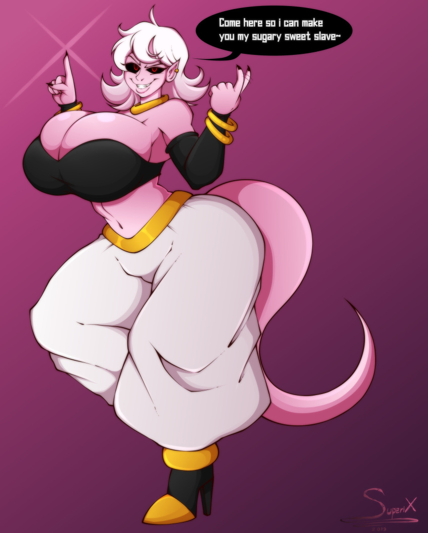 2019 4k absurd_res alien alien_humanoid artist_name big_breasts black_sclera breast_squish breasts claws cleavage clothed clothing curvaceous curvy_figure dialogue digital_drawing_(artwork) digital_media_(artwork) dragon_ball dragon_ball_fighterz ear_piercing ear_ring english_text eyelashes female fingers hair hi_res high_heels hourglass_figure huge_breasts humanoid humanoid_pointy_ears long_tail looking_at_viewer majin majin_android_21 midriff navel not_furry piercing pink_background pink_body pink_skin red_eyes signature simple_background small_waist solo squish superix talking_to_viewer text thick_thighs topwear tube_top voluptuous white_hair wide_hips
