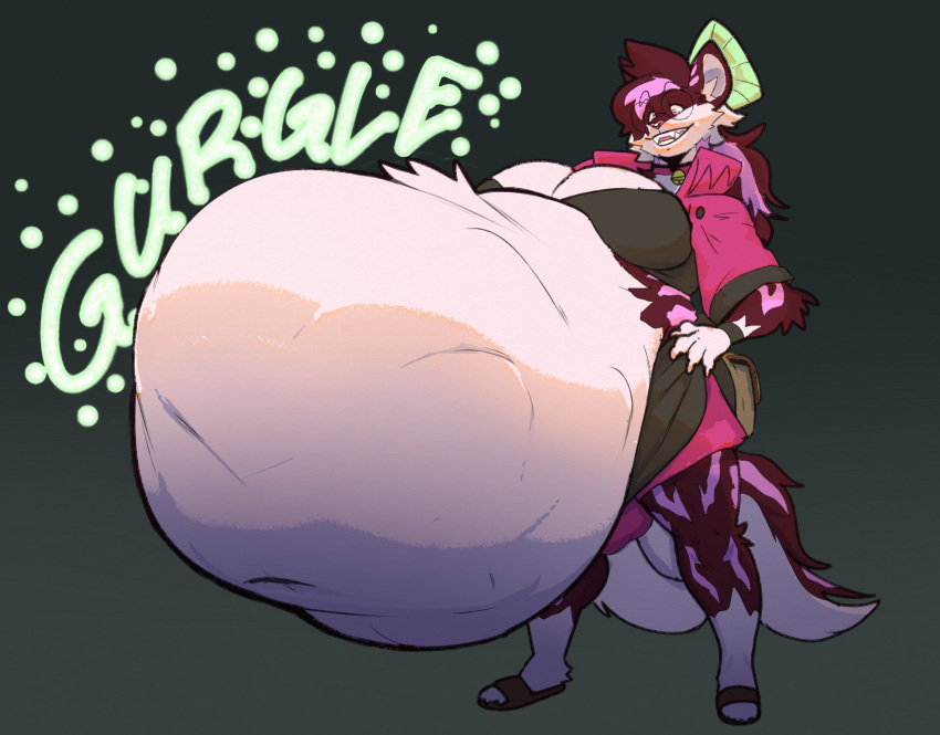 anthro belly big_belly big_breasts breasts domestic_cat eyewear felid feline felis female female_pred glasses hand_on_hip hi_res highlights_(coloring) huge_breasts hyper hyper_belly izzyfatcat mammal navel oral_vore round_glasses rumbling_stomach vore