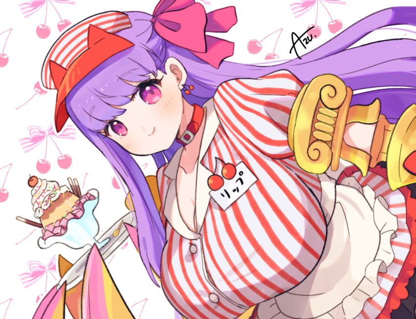 1girl azu_(kirara310) breasts cherry claw_(weapon) cosplay earrings fate/extra fate/extra_ccc fate/grand_order fate_(series) food fruit gigantic_breasts hair_ribbon huge_breasts jewelry looking_at_viewer name_tag passionlip_(fate) pink_ribbon purple_hair ribbon single_earring smile solo tamamo_(fate) tamamo_cat_(fate) tamamo_cat_(fate)_(cosplay) tamamo_cat_(lostroom_outfit)_(fate) tamamo_cat_(lostroom_outfit)_(fate)_(cosplay) visor_cap waitress weapon