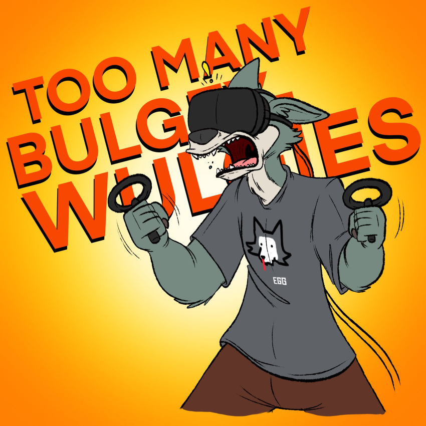 2020 anthro beastars blood bodily_fluids bottomwear canid canine canis clothed clothing controller dialogue fangs fur gums hi_res holding_controller holding_object kylestudios legoshi_(beastars) male mammal nosebleed open_mouth pants shirt solo t-shirt text tongue topwear vr_headset wolf