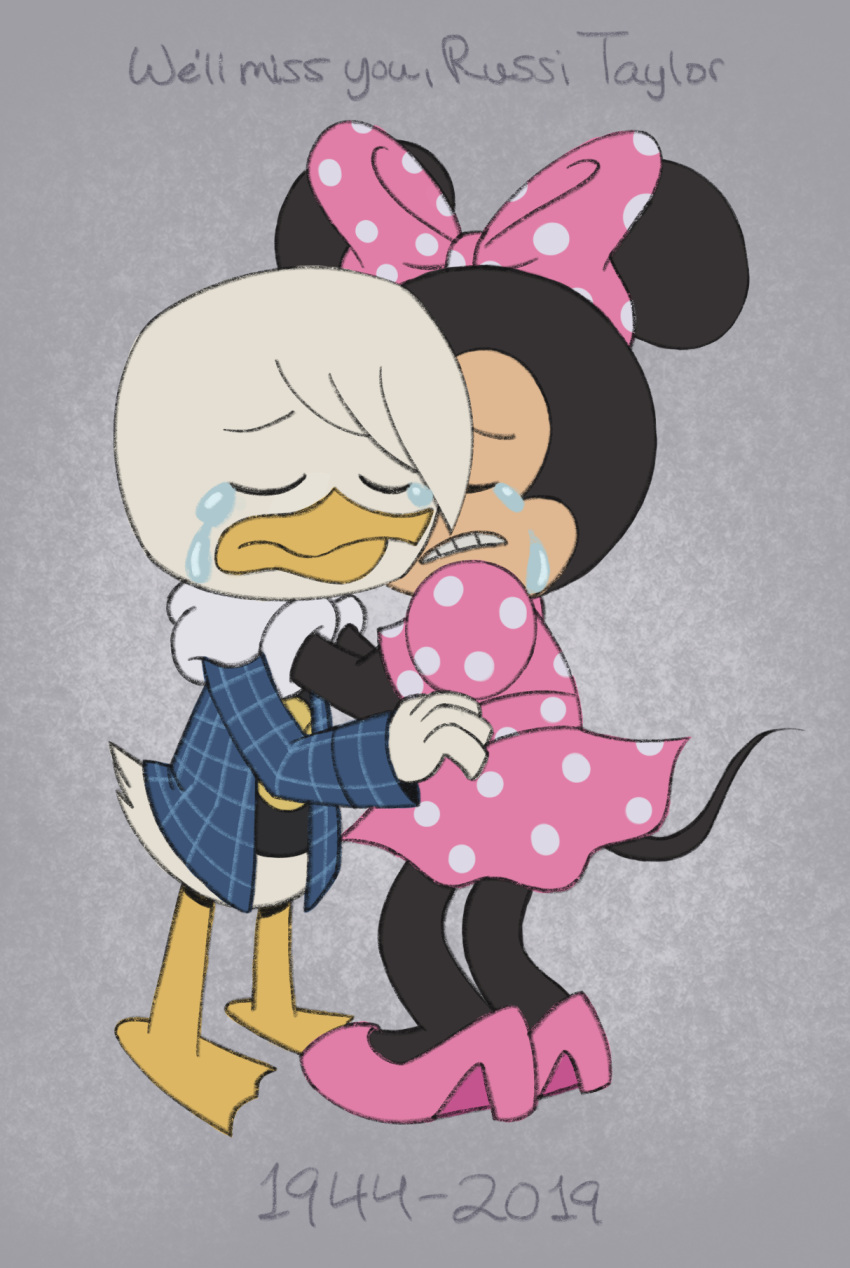 2019 anatid anseriform anthro avian bird bodily_fluids crying disney donald_duck duck ducktales ducktales_(2017) embrace english_text female fetussylover hi_res hug male male/female mammal memorial minnie_mouse mouse murid murine rodent russi_taylor tears text tribute