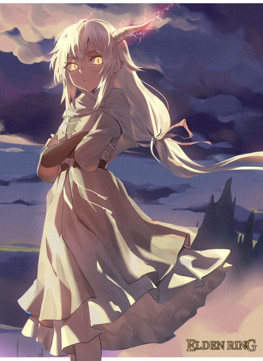1girl ancient_dragon_lansseax bangs capelet closed_mouth cloud cloudy_sky crossed_arms dragon_girl dragon_horns dress elden_ring eyelashes feet_out_of_frame hair_between_eyes highres horns long_hair looking_at_viewer low-tied_long_hair mr-shin outdoors personification sky slit_pupils solo standing white_dress white_hair yellow_eyes