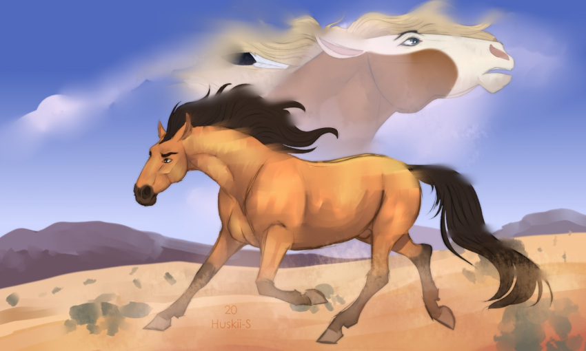 ambiguous_gender american_paint_horse dreamworks duo equid equine feral hair horse huskii-s long_hair mammal outside rain_(cimarron) spirit:_stallion_of_the_cimarron spirit_(cimarron)